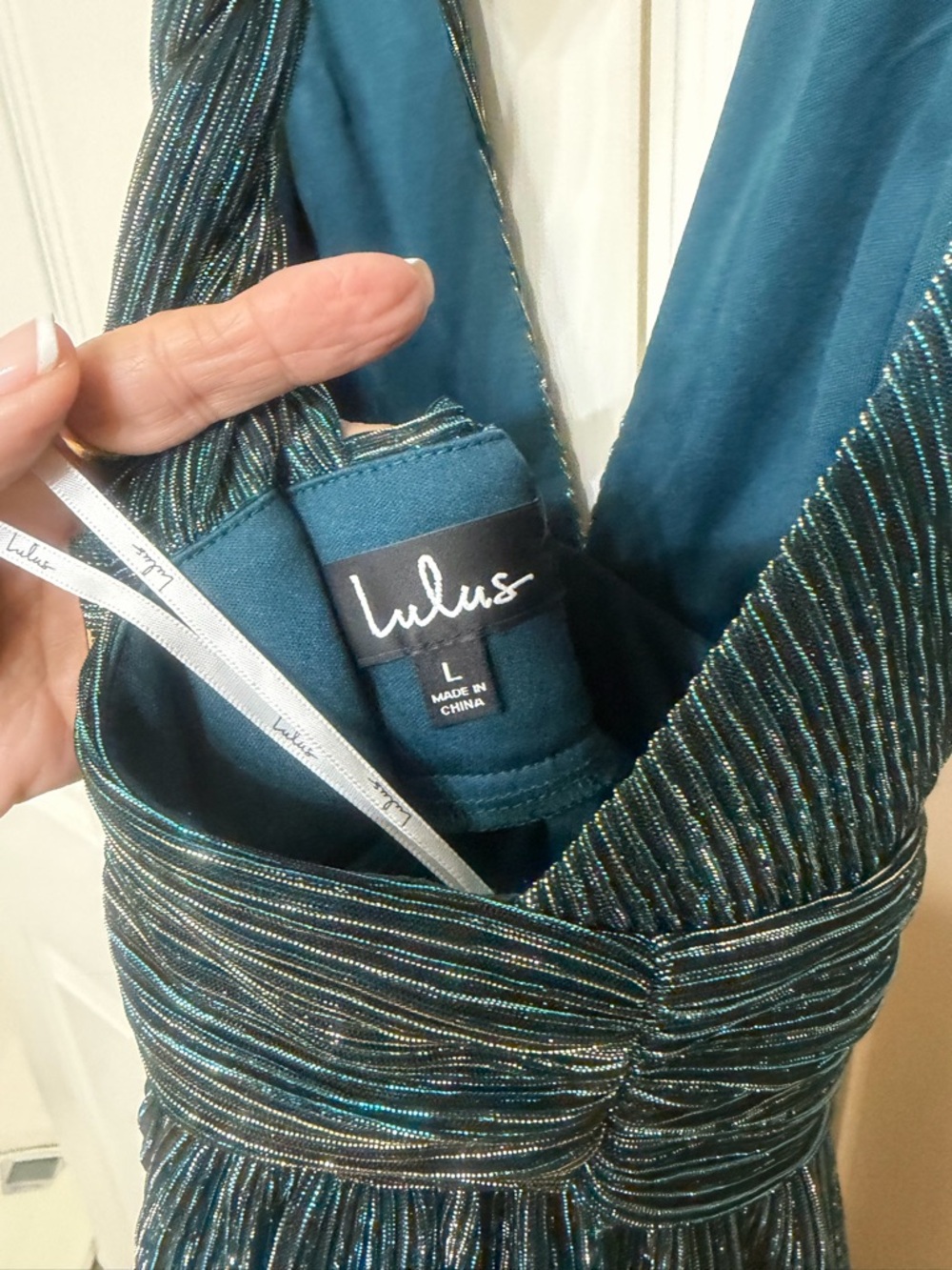 Lulu's Teal & Gold Shimmer Halter Dress - L - Picture 12 of 15
